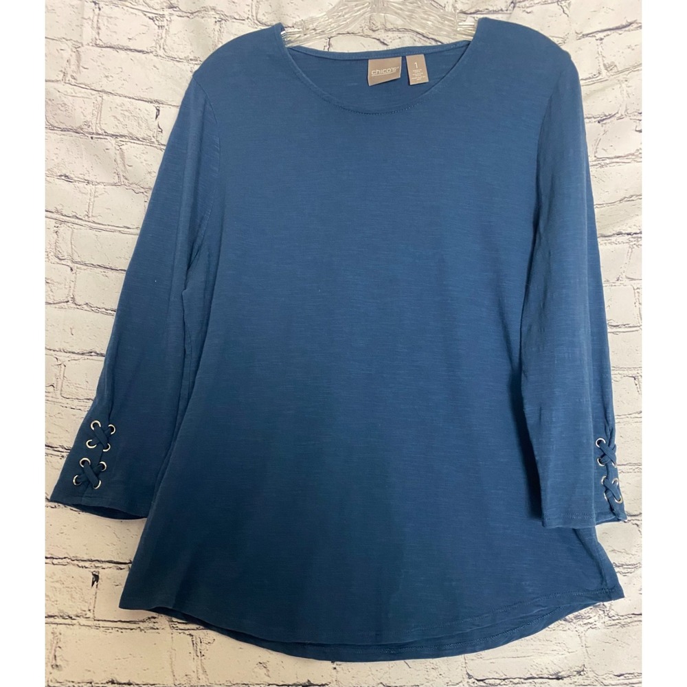 Chico's Women's Tunic Top 1 Blue 3/4‎ Grommet Lace-Up Sleeve Nautical